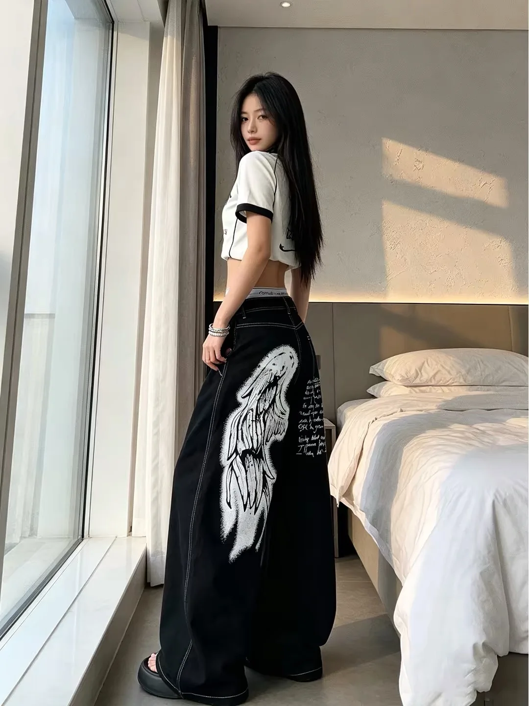Black Lazy Wide Leg Pants Women's Graffiti Print Pear Body Shape Draping Floor-Length Trousers Autumn New Style High Waist Denim