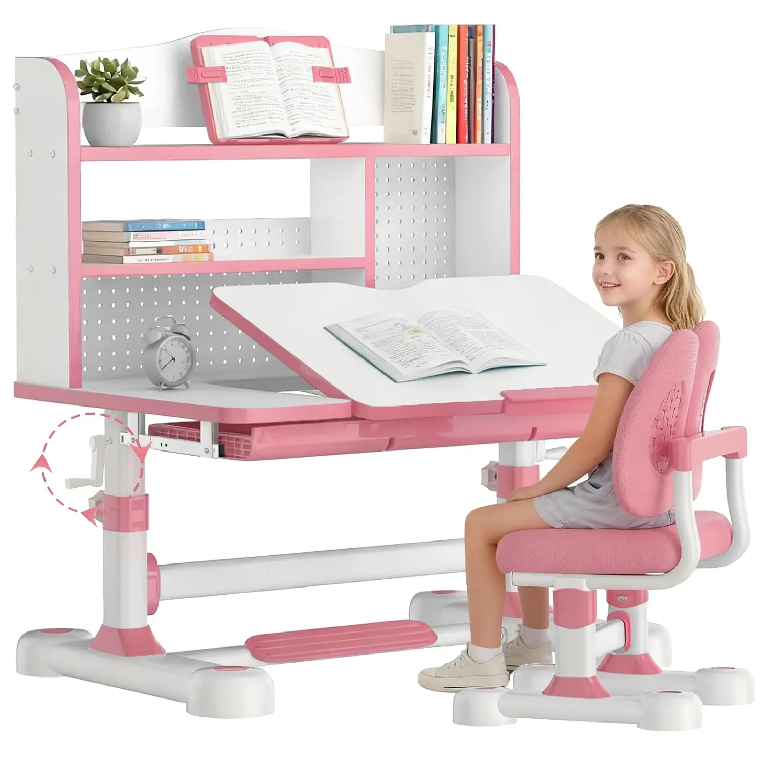 Height Adjustable Kids Study Desk Set Ergonomic Tiltable Desktop Crank Drawer Bookstand for Children 3-12, Customized