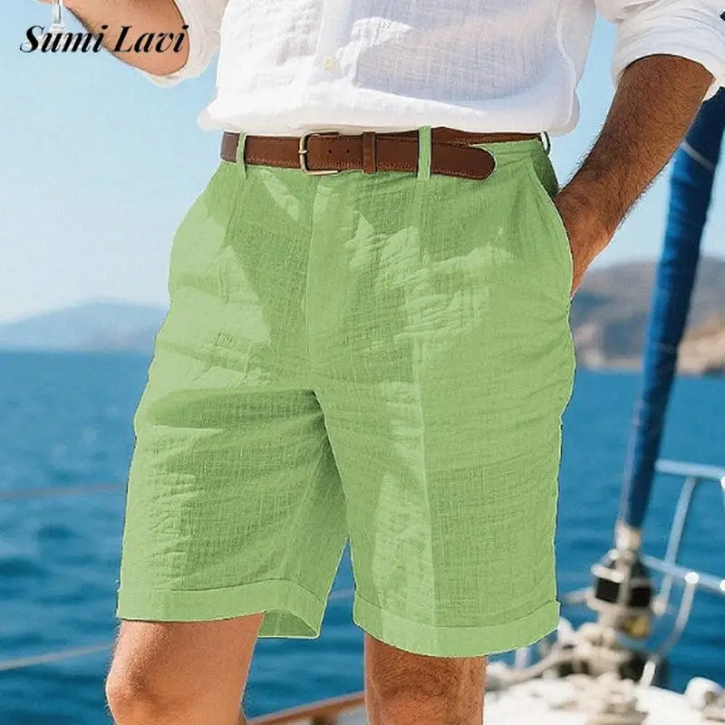 

Vacation Casual Linen Mens Shorts Breathable Comfortable Thin Shorts Spring Summer Vintage Men's Solid Color Loose Linen Shorts