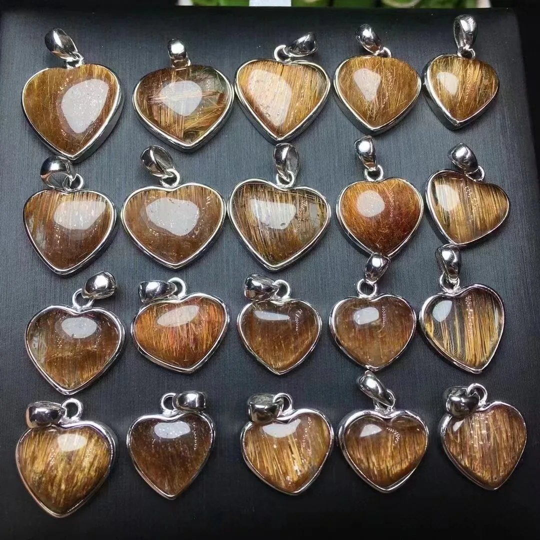 Unit One Piece 925 Silver Buckle With Good Sale Natural Cooper Rutile Quartz Crystal Healing Heart Shape Pendant For Gift