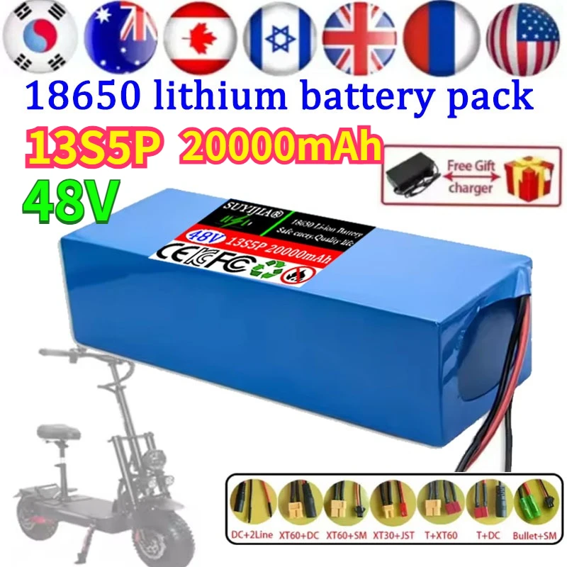 100% New 48V 13S5P 18650 Real Capacity Lithium Battery Pack 20Ah Suitable for Electric Scooters Mountain Bikes 250-1000W+charger