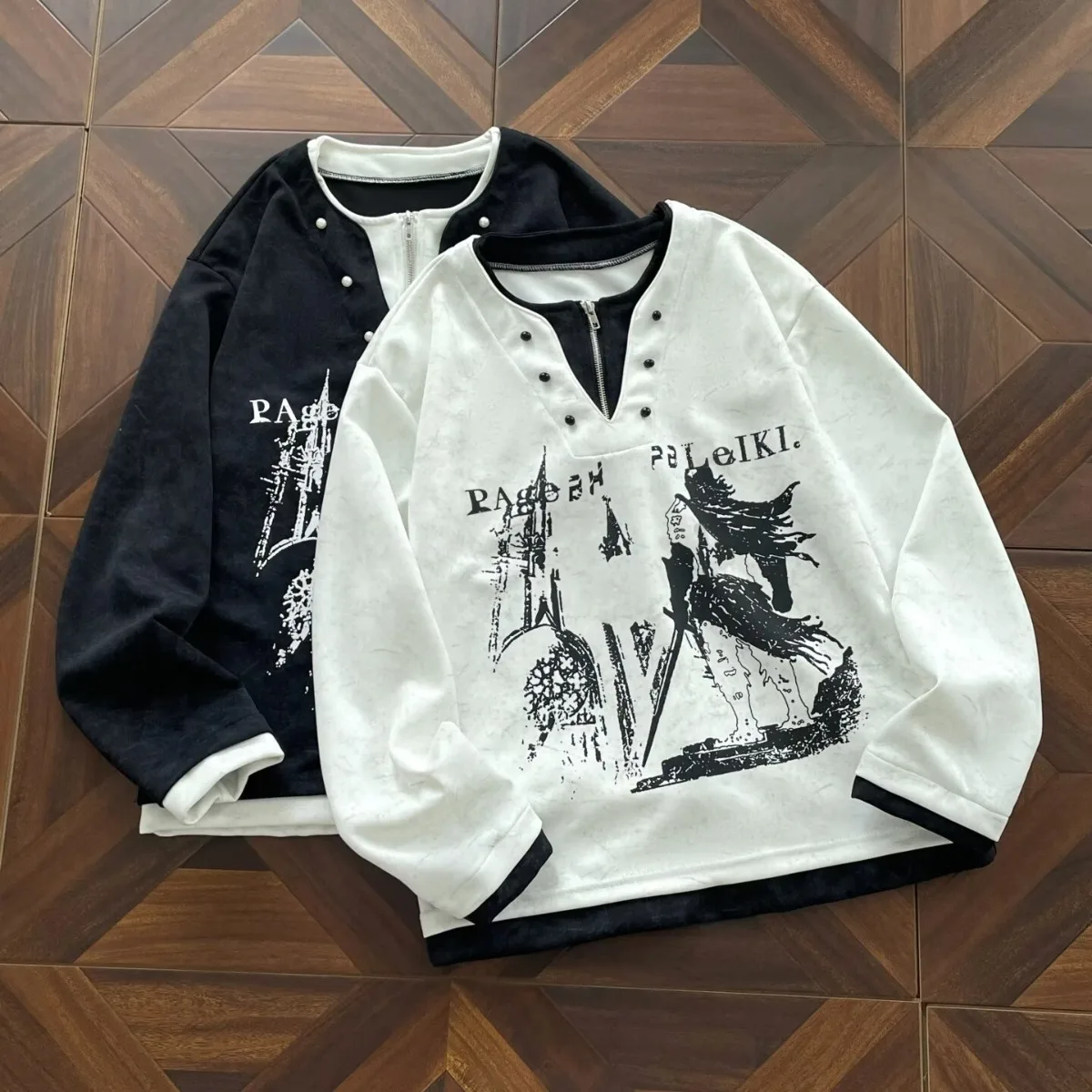 Loose Fit Vintage Long Sleeve V-Neck Hoodie Zipper Detail Standard Size Men's T-Shirt Casual Versatile Polyester Fiber