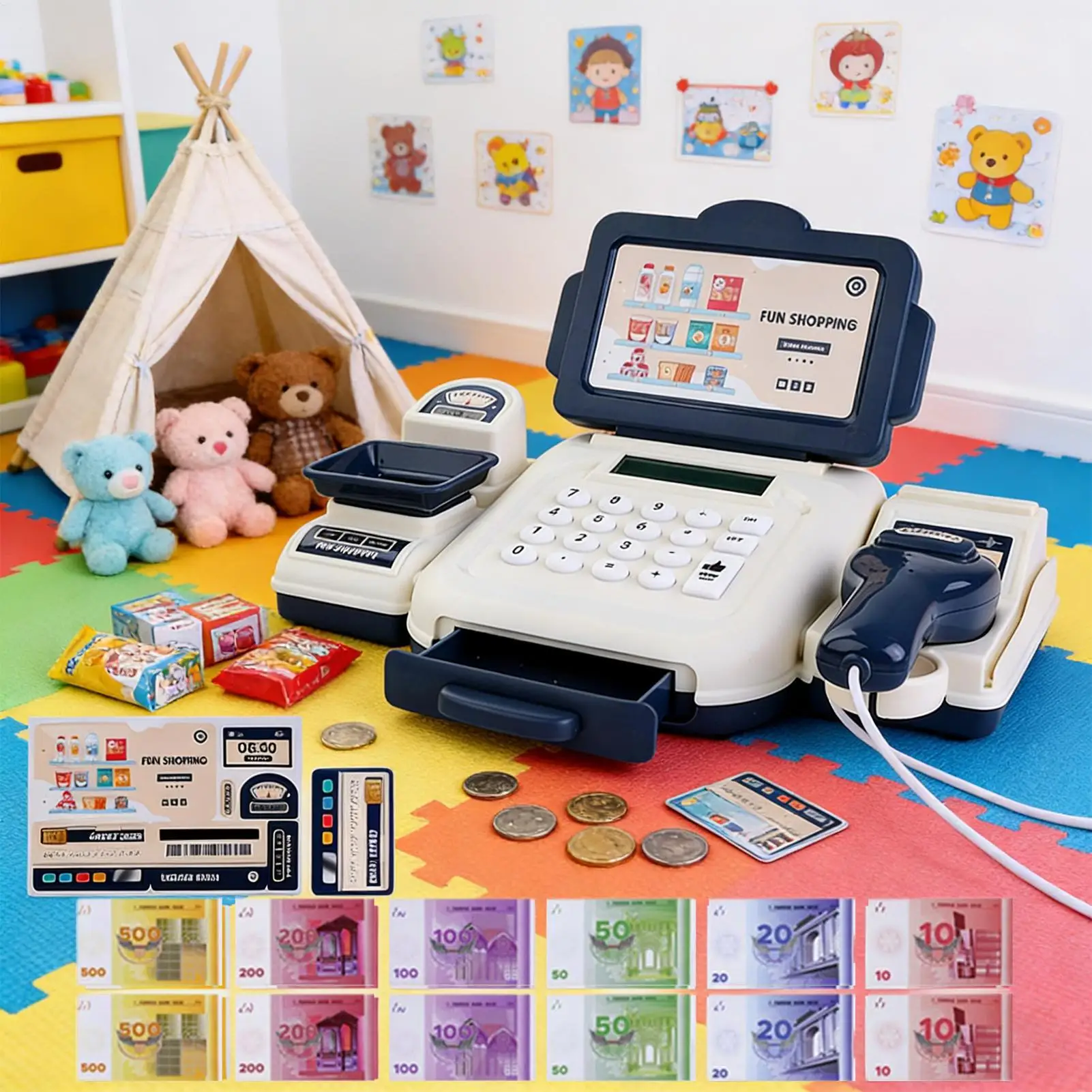 Simulation Cartoon Supermarket Cash Register Toys Children's Convenience Store Cashier Model Card Scanning Play House Game toys