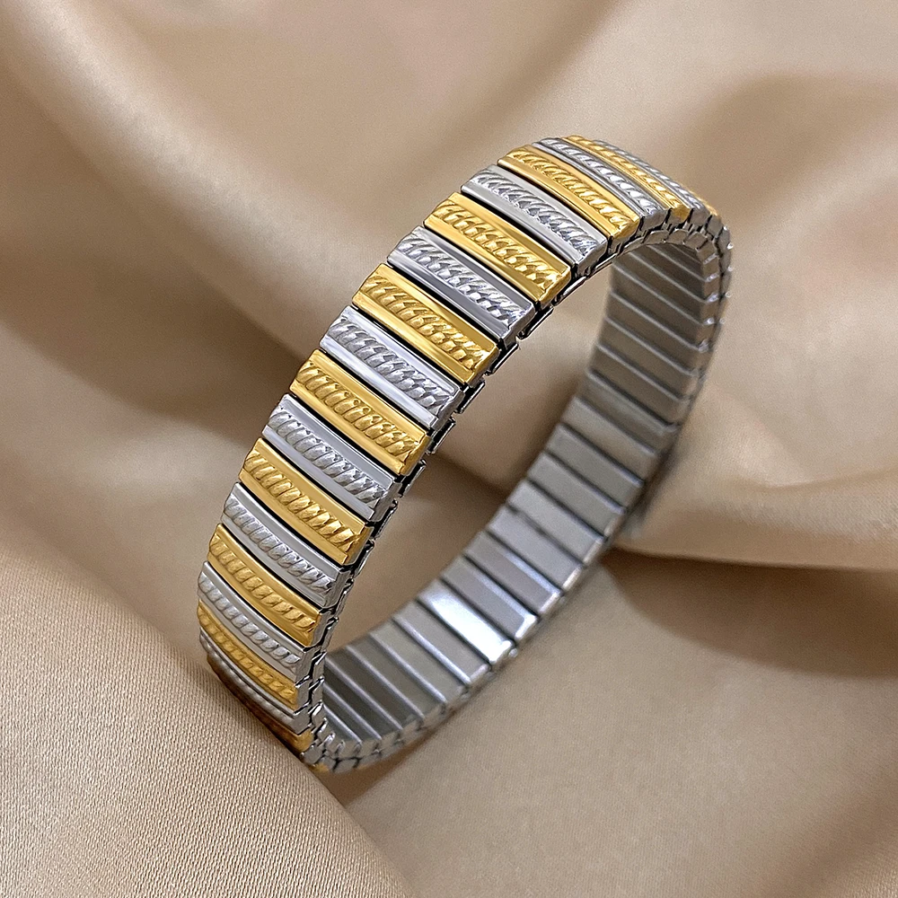 Two-Tone Tightness Elastic Bangle Stainless Steel Bracelet for Women Men Classic Durable Stretchable Waterproof Jewelry Gifts