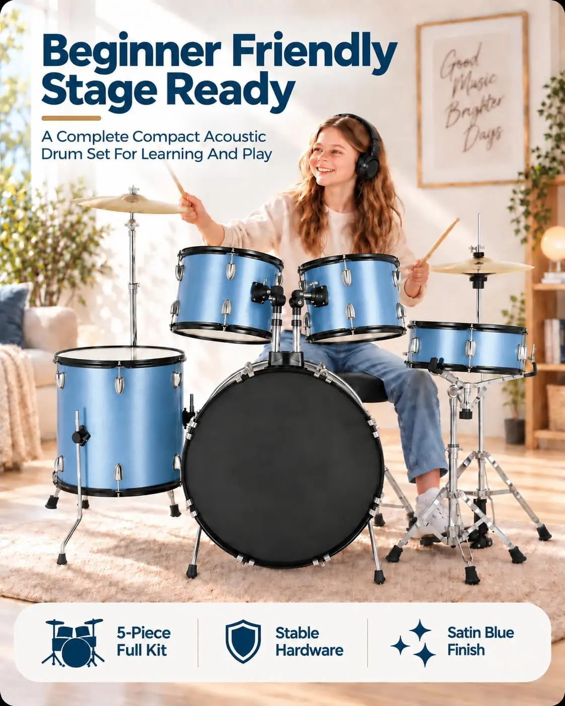 5-Piece Full Size Acoustic Drum Set, 22-Inch Adult Drumset with Cymbals, Pedal, Drumsticks, Adjustable Stool and Stands, Complete Kit for Beginners, Adults, Teens and Students, Blue