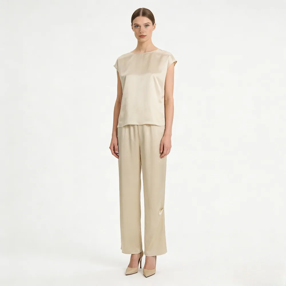 2026 Women's Spring New Heavy 22MM 100% Natural Mulberry Silk Plain Satin Pocket Design Champagne Nine Point Straight Leg Pants
