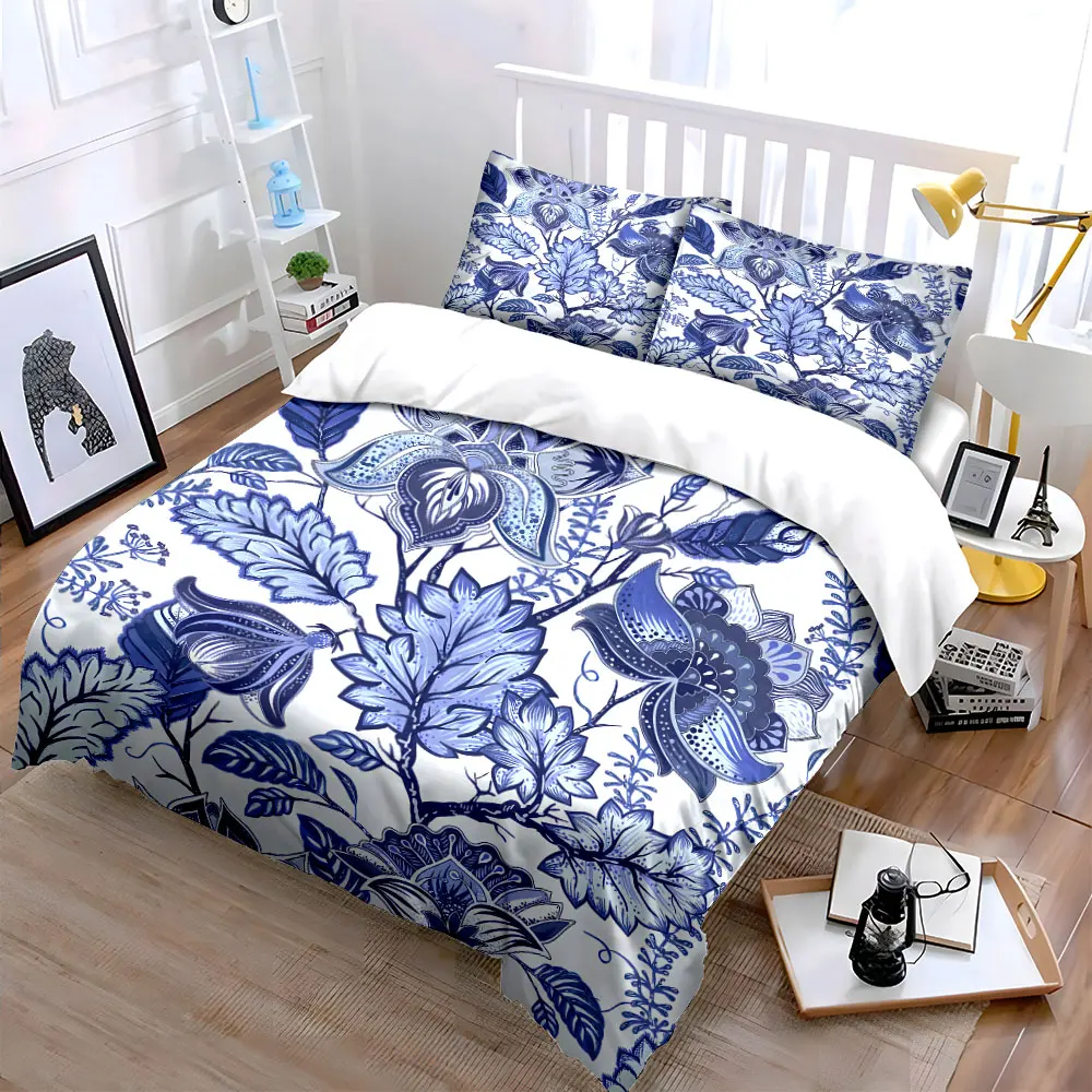 Blue and white porcelain style retro floral Print Bedding Set 1 Duvet Cover 2 Pillowcases for Adult and Children Luxury Gift