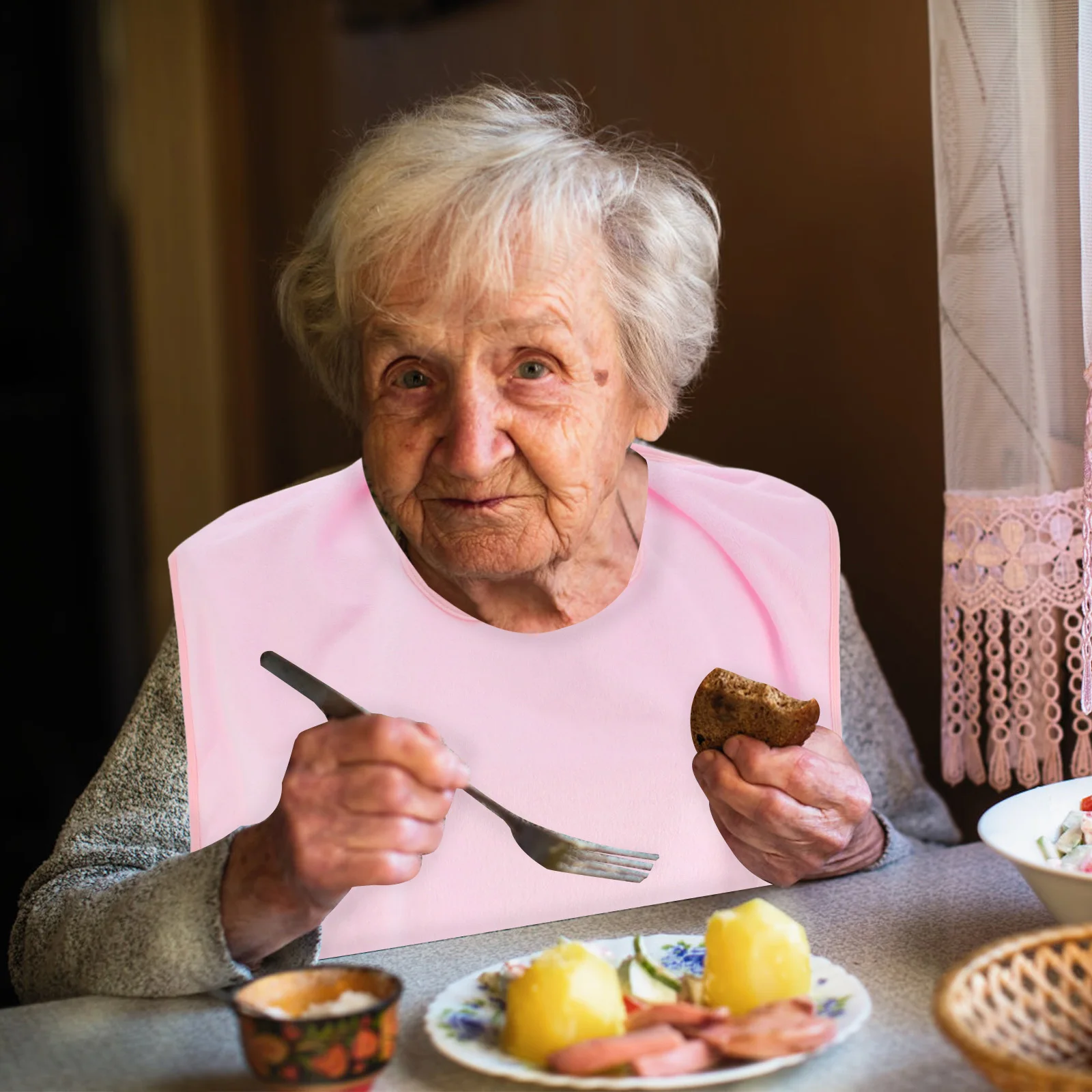 

Waterproof Anti-Soil Feeding Bib For Adults Light Pink Large Stain Resistant Elderly Meal Protector Dining Apron Health