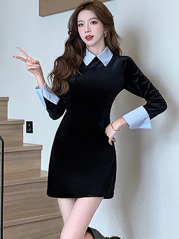 Women Korean Vintage Hepburn A-Line Short Dress Autumn Winter Black Velvet Polo Collar Dress 2024 Elegant Casual Party Vestidos