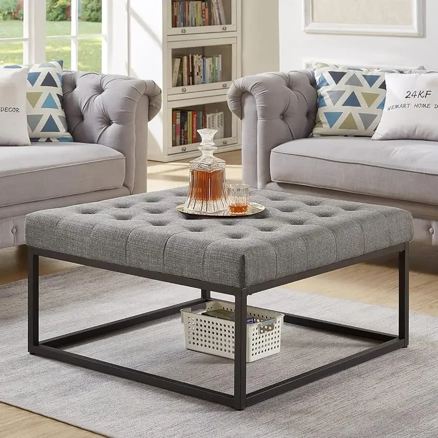 Middle Century Upholstered Tufted Coffee Table with Linen Padded Seat, Large Square Ottoman, Black Metal Frame, Granite