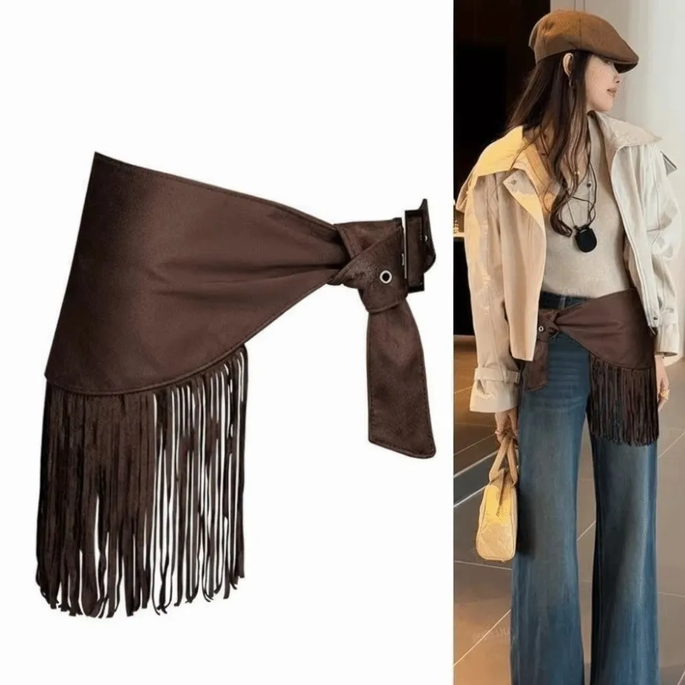 Elegant Solid Color Tassel Waist Belt Fringe Korean Style Mini Skirts Y2k High Waist Triangle Butt Curtain Women