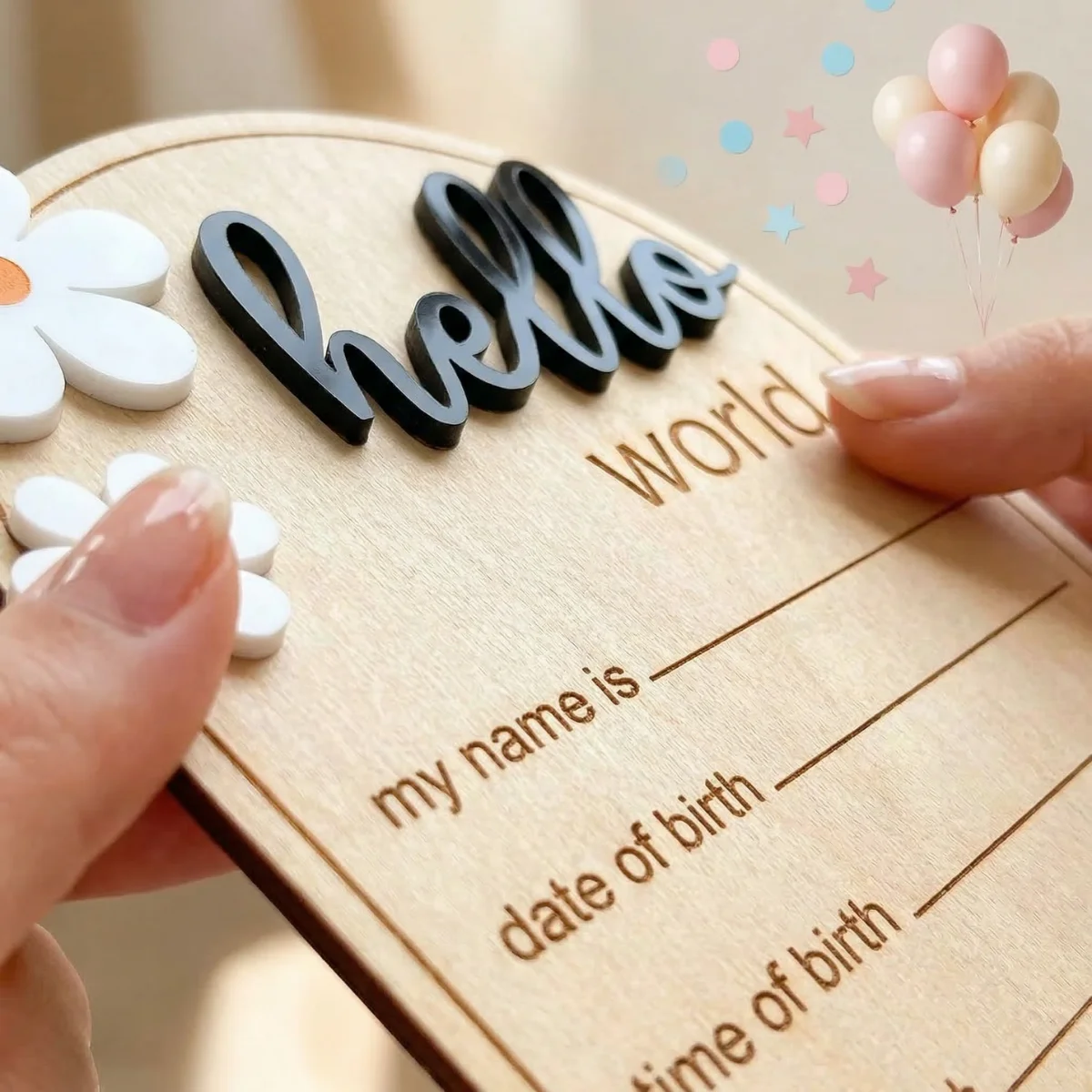 15cm Ovale 3D Naturholz-Plakette mit Erhöhten Acrylbuchstaben und Gänseblümchen-Dekorationen, 'Hello World' Geburtsanzeige, Foto – Detail 4