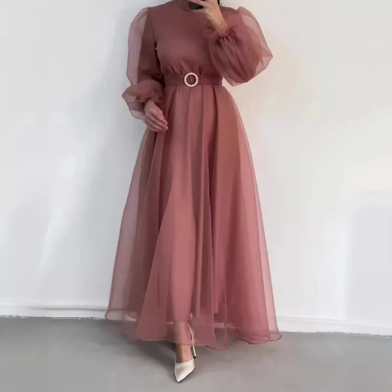 

Spring Elegant Mesh Dress Muslim Women Fashion Solid High Waist Mesh Lantern Sleeves Long Dress Women