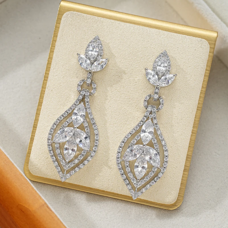 SENYU Elegant Leaf Women Drop Earrings Paved Cubic Zirconia Black gun Plated Wedding Jewelry Luxury Bride Jewelry