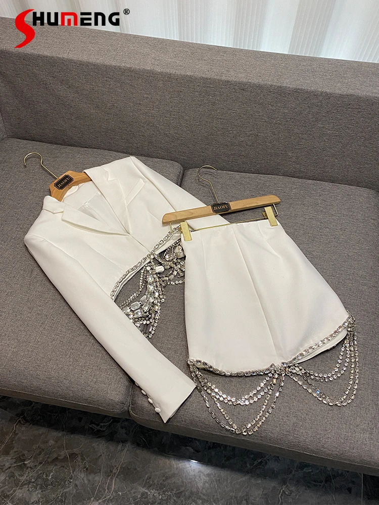 

Fashion 2024 Spring New Long Sleeve Suit Rhinestone Chain Beaded Tassel Short Skirt Solid Color Two-Piece Set Women's Clothes