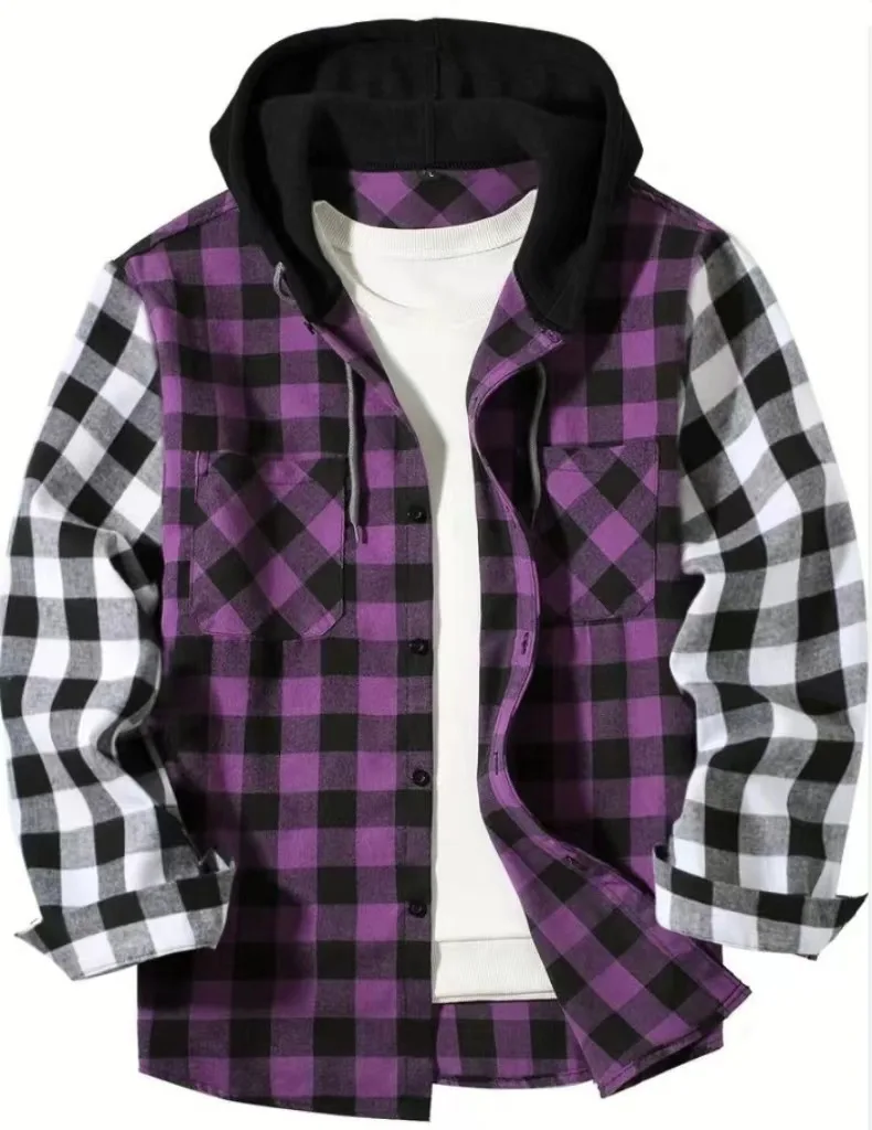 Spliced long-sleeved plaid hooded shirt for men Spring and autumn business casual all comfortable loose shirt