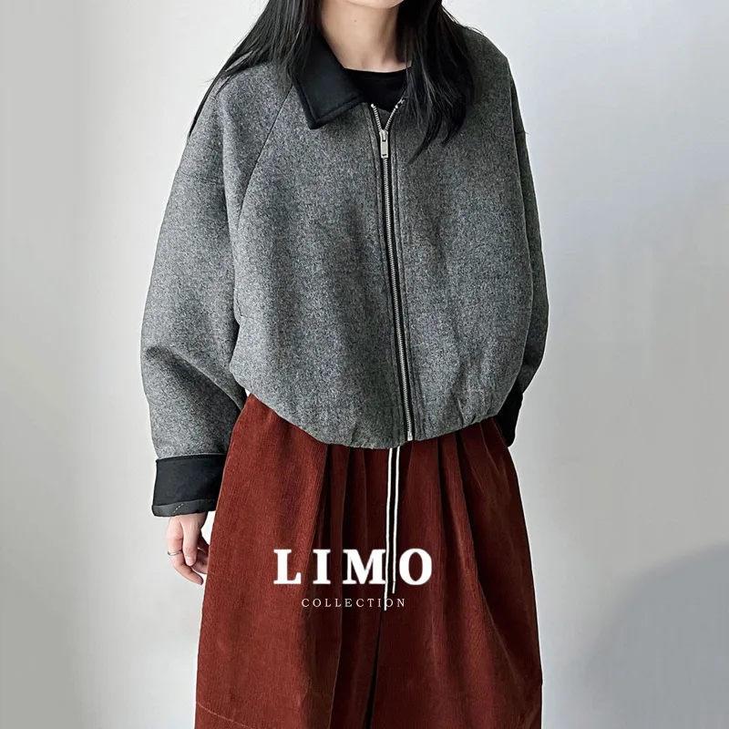 

LIMO 2025 New Winter Korean Style Minimalist Color Block Turn Down Collar Woolen Coat Women Short Loose Padded Jacket