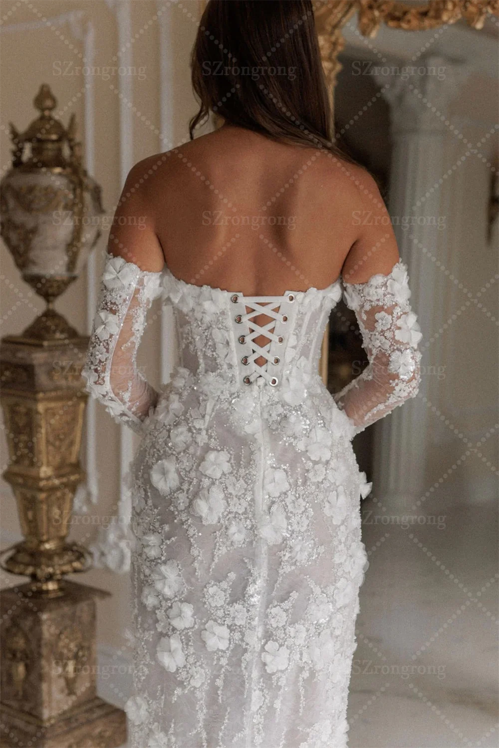 Vestido de novia elegante con cuello barco, encaje Floral, manga 3/4, abertura lateral, con cordones en la espalda, vestido de novia bohemio largo personalizado