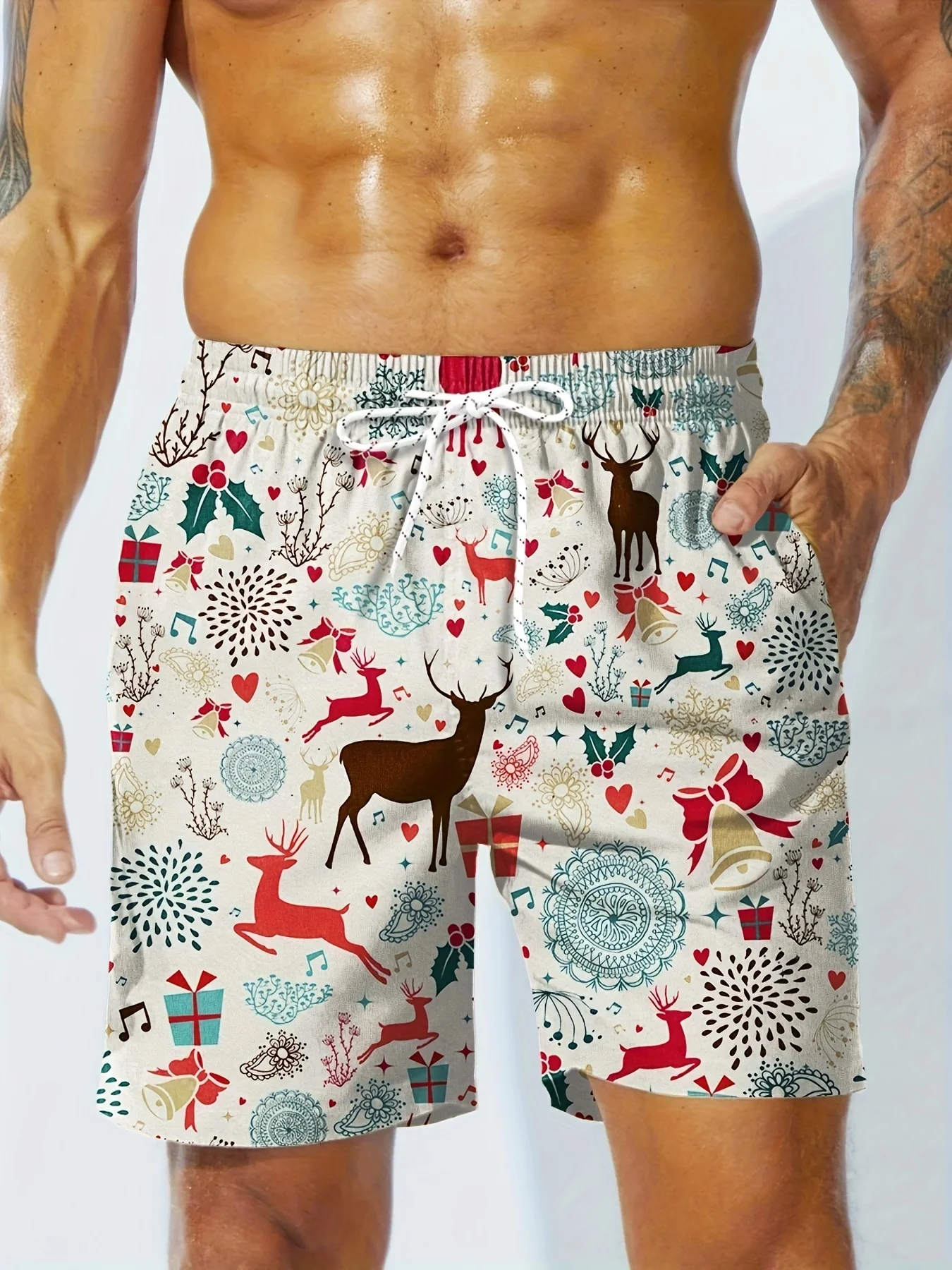 Men's Quick Dry Swim Shorts, Christmas Elk & Bell Print Drawstring Beach Board Shorts with Pockets