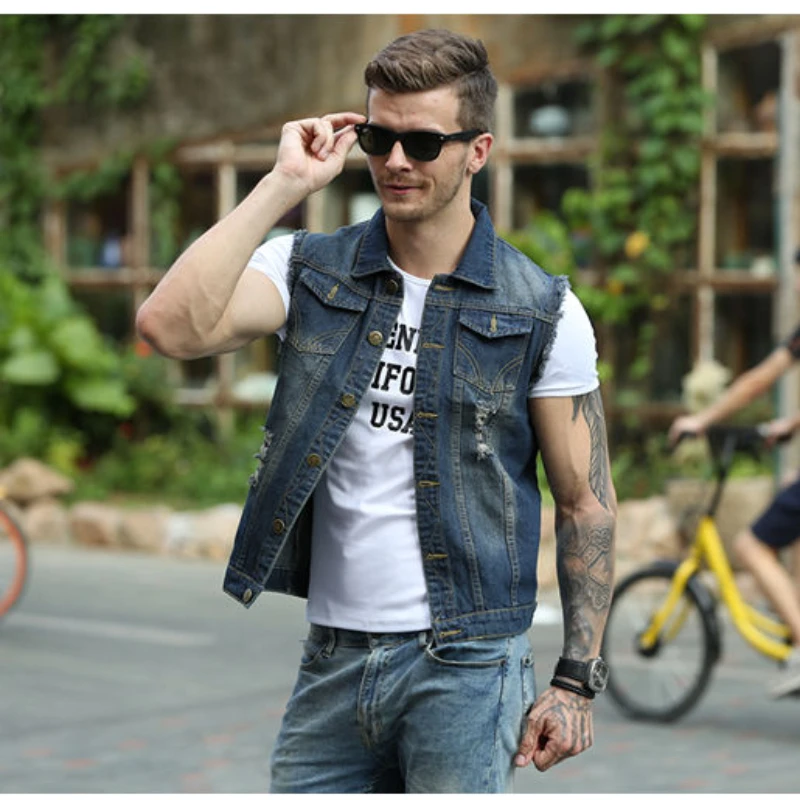 2024 New Men\'s Denim Jackets Vest Fashion Vintage Lapel Denim Vest High Street Trends Motorcycle Jersey Streetwear Men\'s Jackets