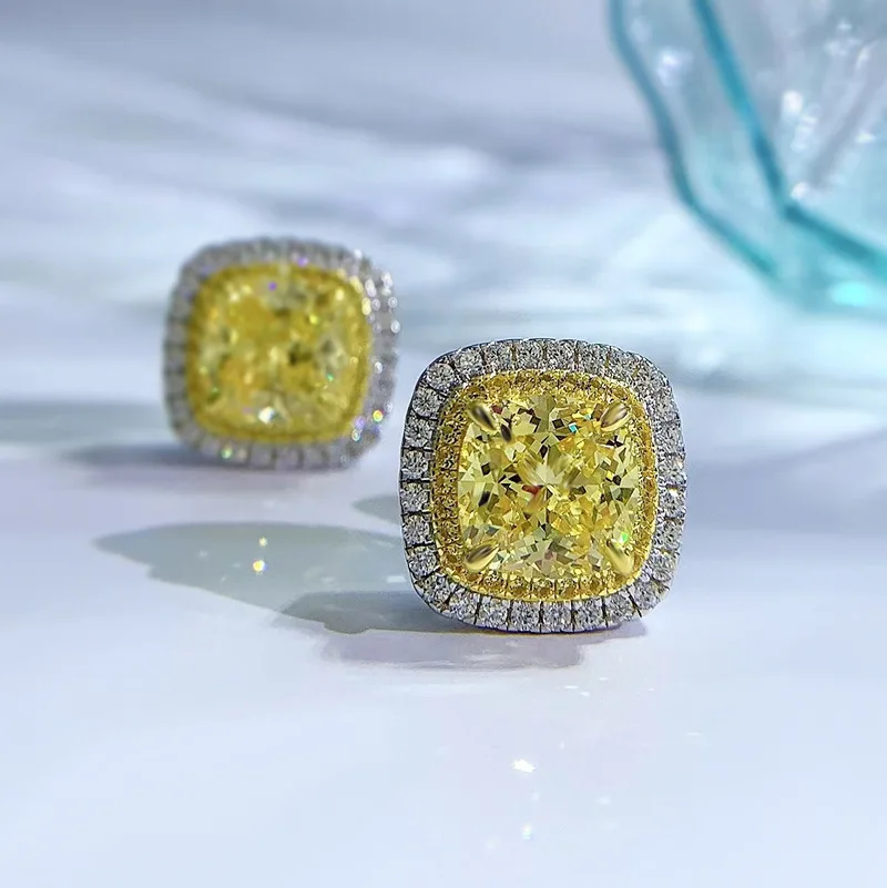 925 Silver 8 * 8 Fat Square Yellow Diamond High Carbon Diamond S925 Silver Ear Dings European and American Cross border Platinum image 2