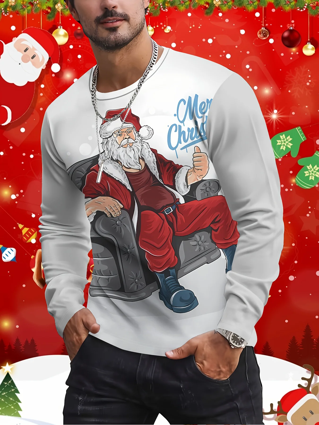 

Santa Claus Print Men's Long Sleeve T-shirt Spring Autumn Casual O-neck Loose Tops Fashion Christmas Tee New Year X'mas Clothing