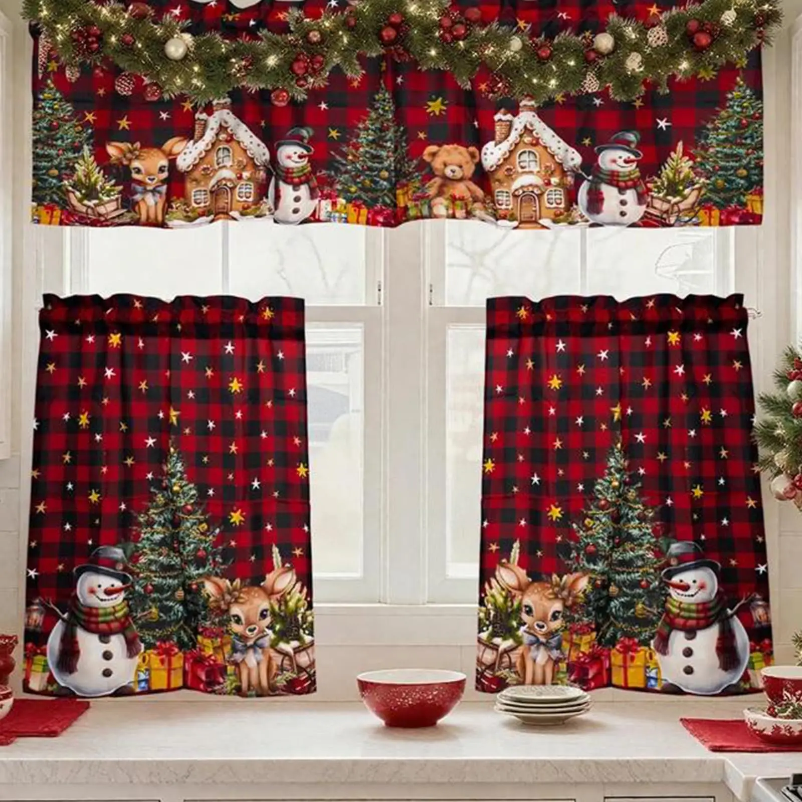 3 Pieces Christmas Kitchen Curtains Set, Plaid & Snowflake Xmas Curtains for Kitchen, Red Valances for Christmas Window Decor