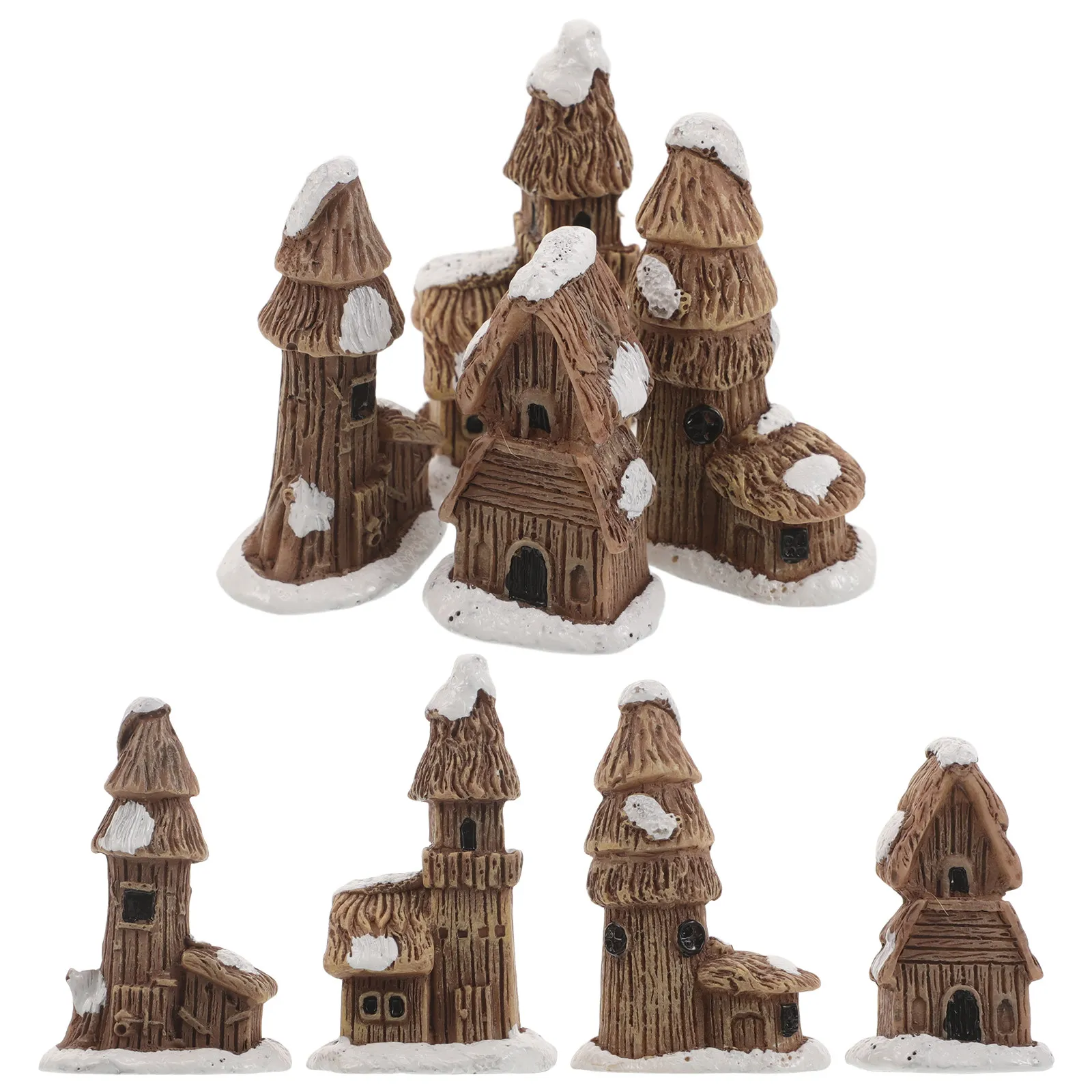8Pcs Snow Roof Resin Ornaments Set Miniature Snowy Cabin Rustic Winter Fairy Garden Landscape Home Decor