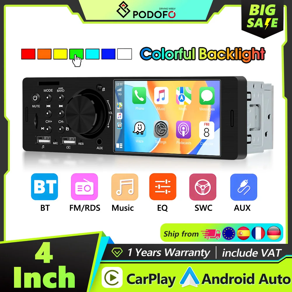 Podofo Single-DIN 4-Zoll Kabelgebundenes Carplay-Verbindungs-Autoradio, Android Auto HD-Touchscreen-Autoradio, Unterstützung für Rückfahrkamera und Lenkradfernbedienung