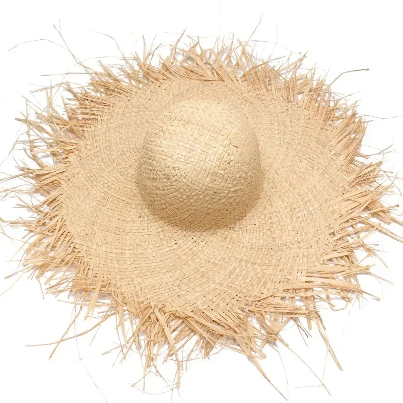 

New Band Handmade Women Straw Sun Hats Large Wide Brim Gilrs High Quality Natural Raffia Panama Beach Straw Sun Caps For Holiday