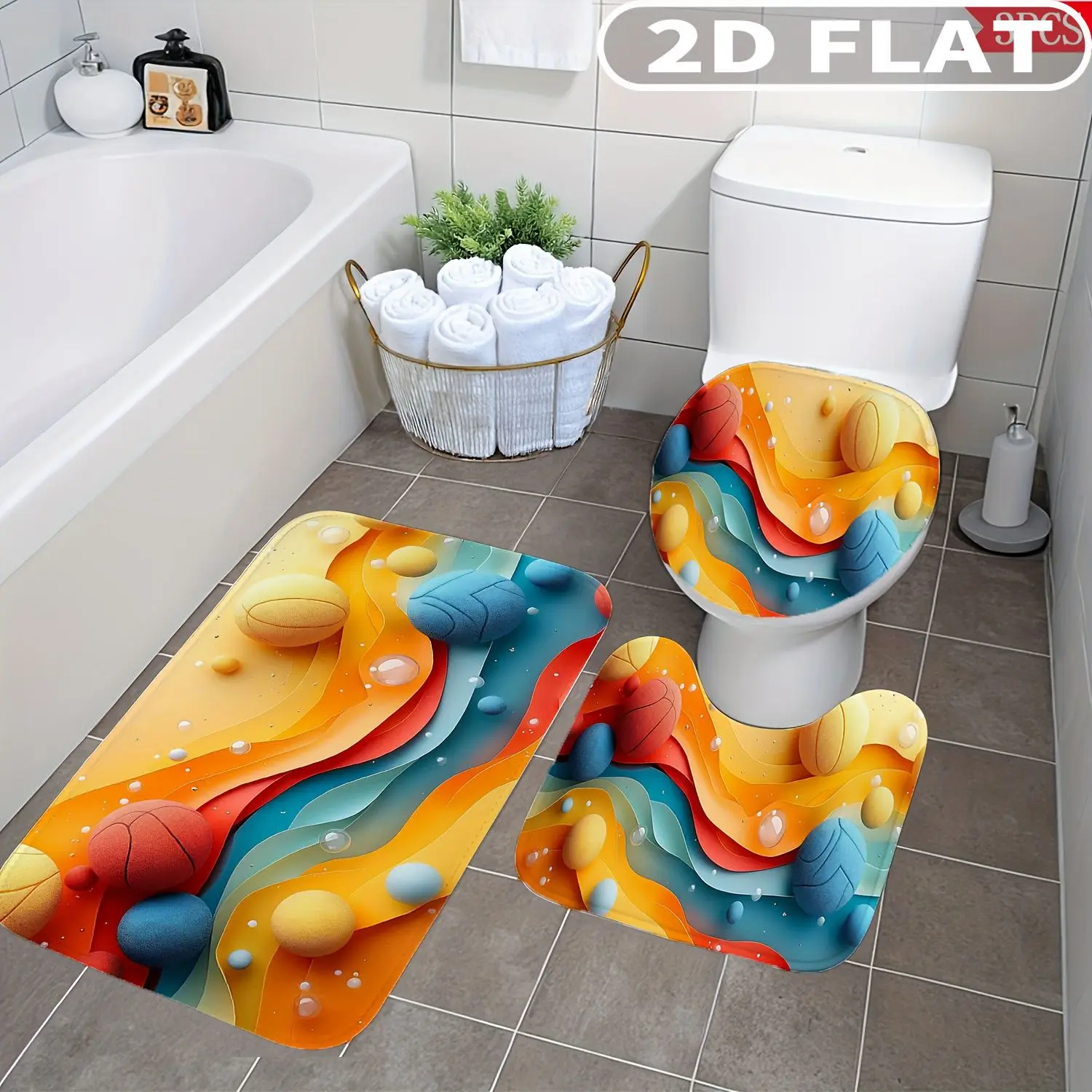 

3pcs Bathroom Rug Set Abstract Waves With Bubbles And Rocks Non-Slip Includes Bath Rug Contour Mat and Toilet Lid Cover Mat