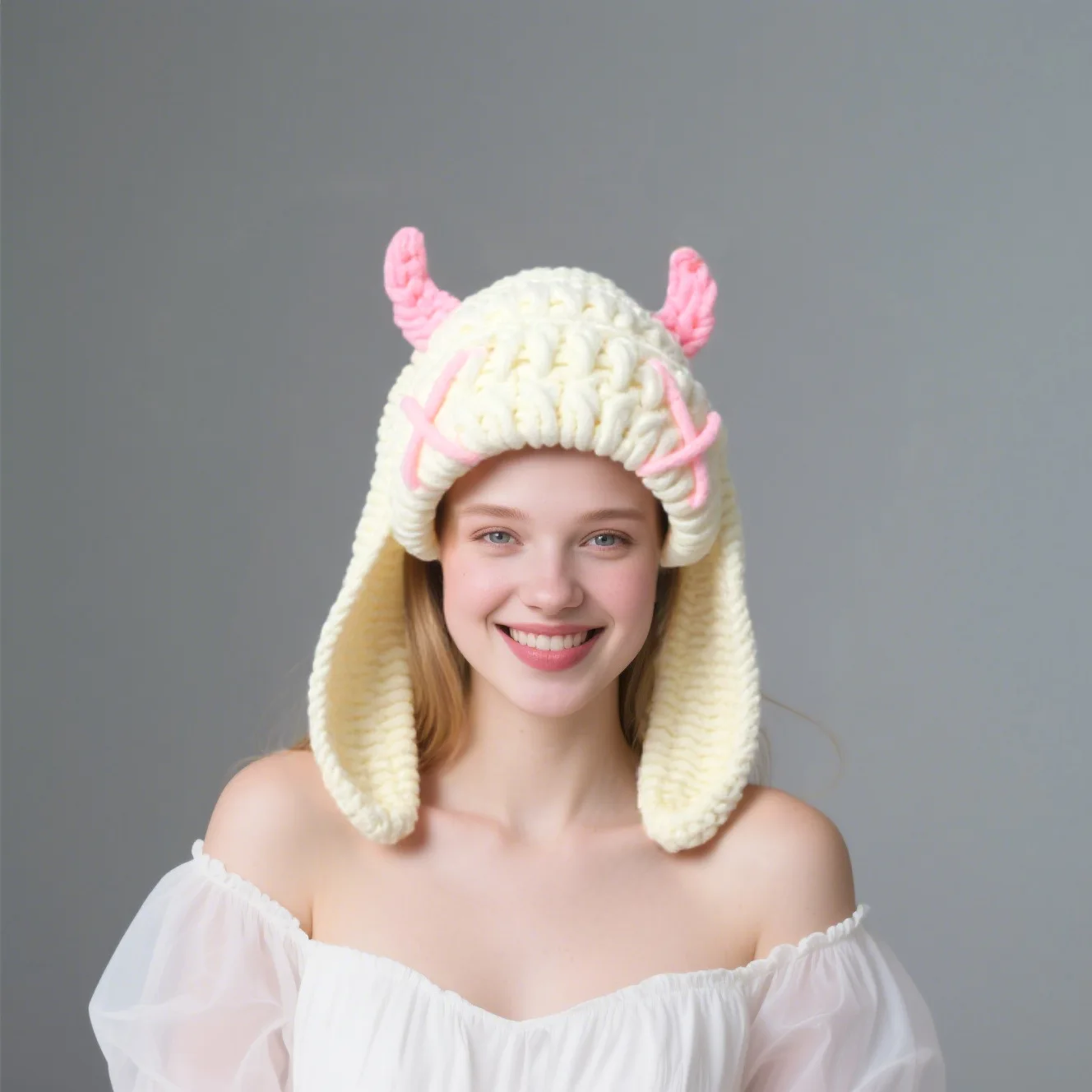 Japanese Popular Funny Devil Corner Crochet Knitted Beanie Hat Handmade Cute Long Ear Warm Cover Warm Wool Hat Spot Wholesale