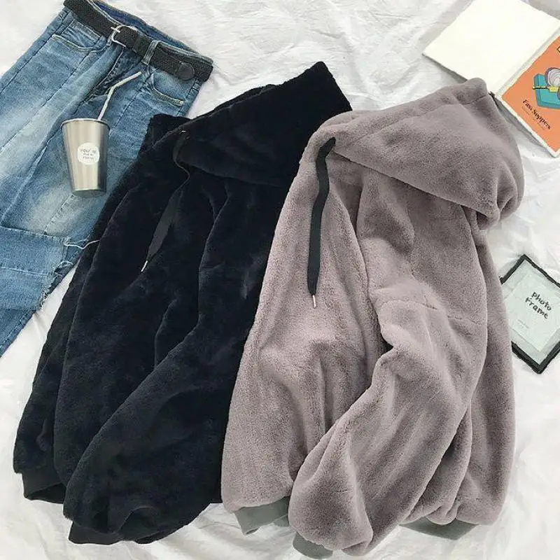 Loose Hoodies Woman Sweatshirt Casual Flannel Solid Pullover Autumn Winter Coat Y2k Fleece-lined Thicken Hooded Warm Soft Jacket