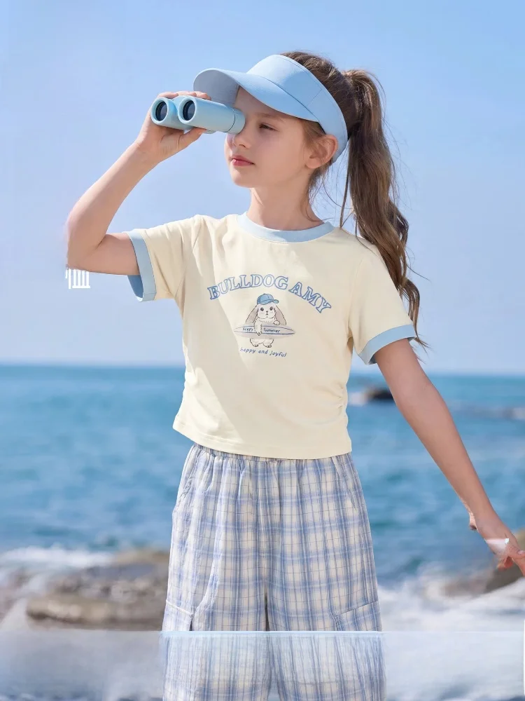 surfing-rabbit-print-t-shirt-round-neck-color-block-kids-summer-new-style-casual-loose-fit-cotton-polyester-blend-soft-comfor