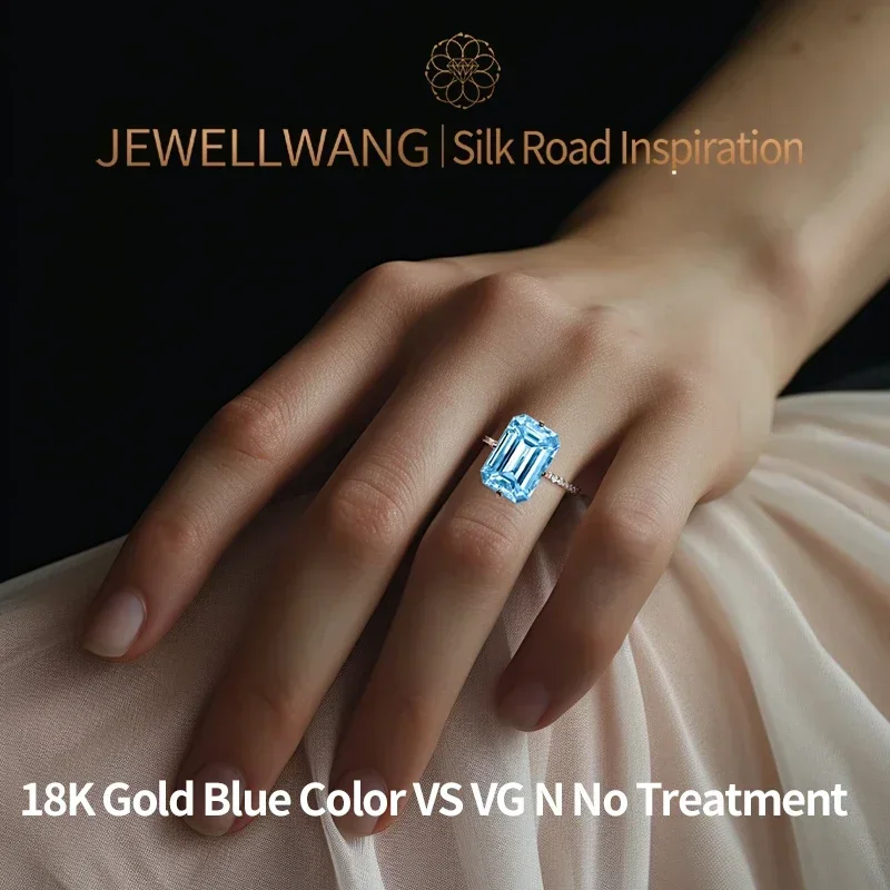 Silk Road Inspiration 18K Gold Lab Grown Emerald-Shaped Blue Diamond Engagement Rings 0.5-1.0ct VS2 Custom Fancy Ring For Women