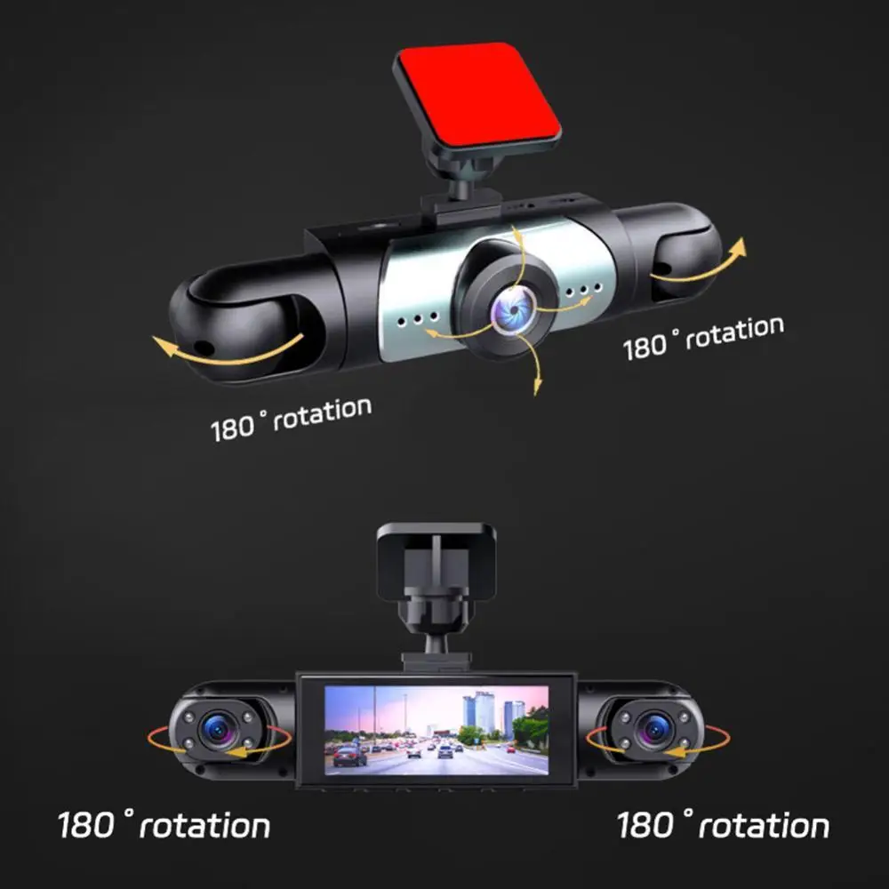 3/4-lens panoramic dashcam featuring a 3.0-inch IPS screen, a 1080p Full HD front camera, and 720p rear and interior cameras