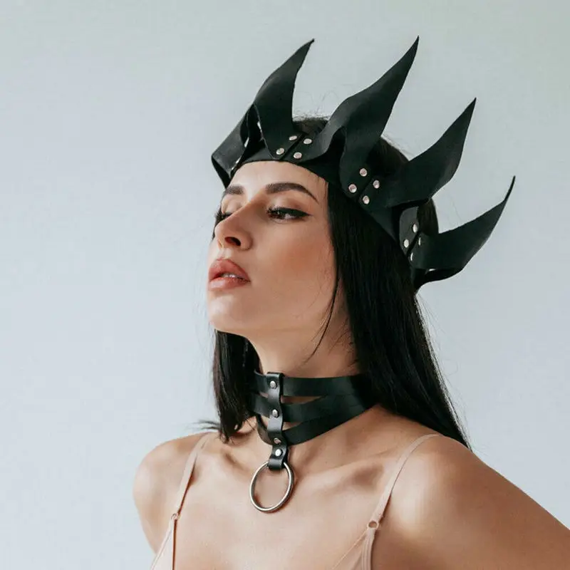 TleMeny Sexy Leder Crown Maske Bdsm Fetisch Kopf Schwarz Cosplay Gesicht Erwachsene Halloween Karneval Club Maskerade Partei Maske Sex Spielzeug