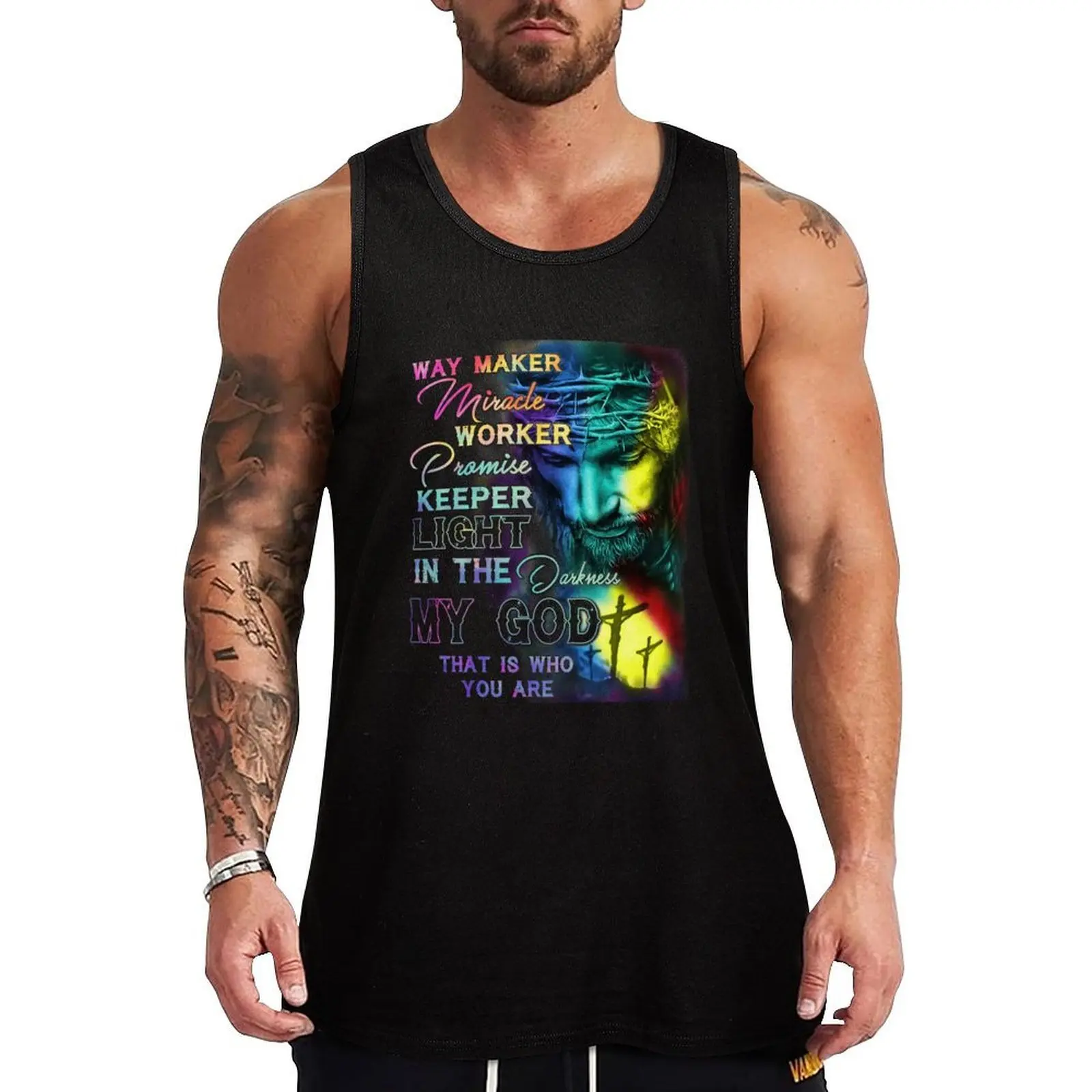 Camiseta Colorida Jesus Way Maker Miracle Worker com Cruz e Amor, Regata Casual Sem Mangas, Ajuste Solto para Uso Diário
