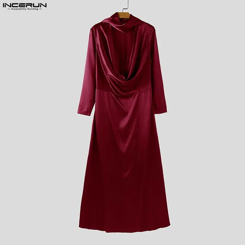 

INCERUN Men Long Style T Shirt Solid Satin Dress Long Sleeve Sexy Fashion Personality Unisex Tee Tops Streetwear Men Clothing