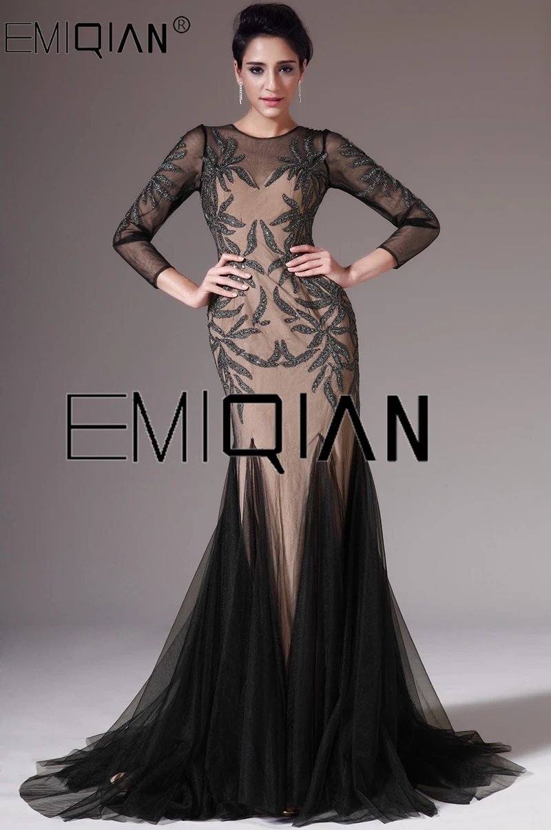 Long Sleeves Mermaid Evening Dress with Leaves O Neck Sweep Train Black Tulle Champagne Lining Evening Gowns