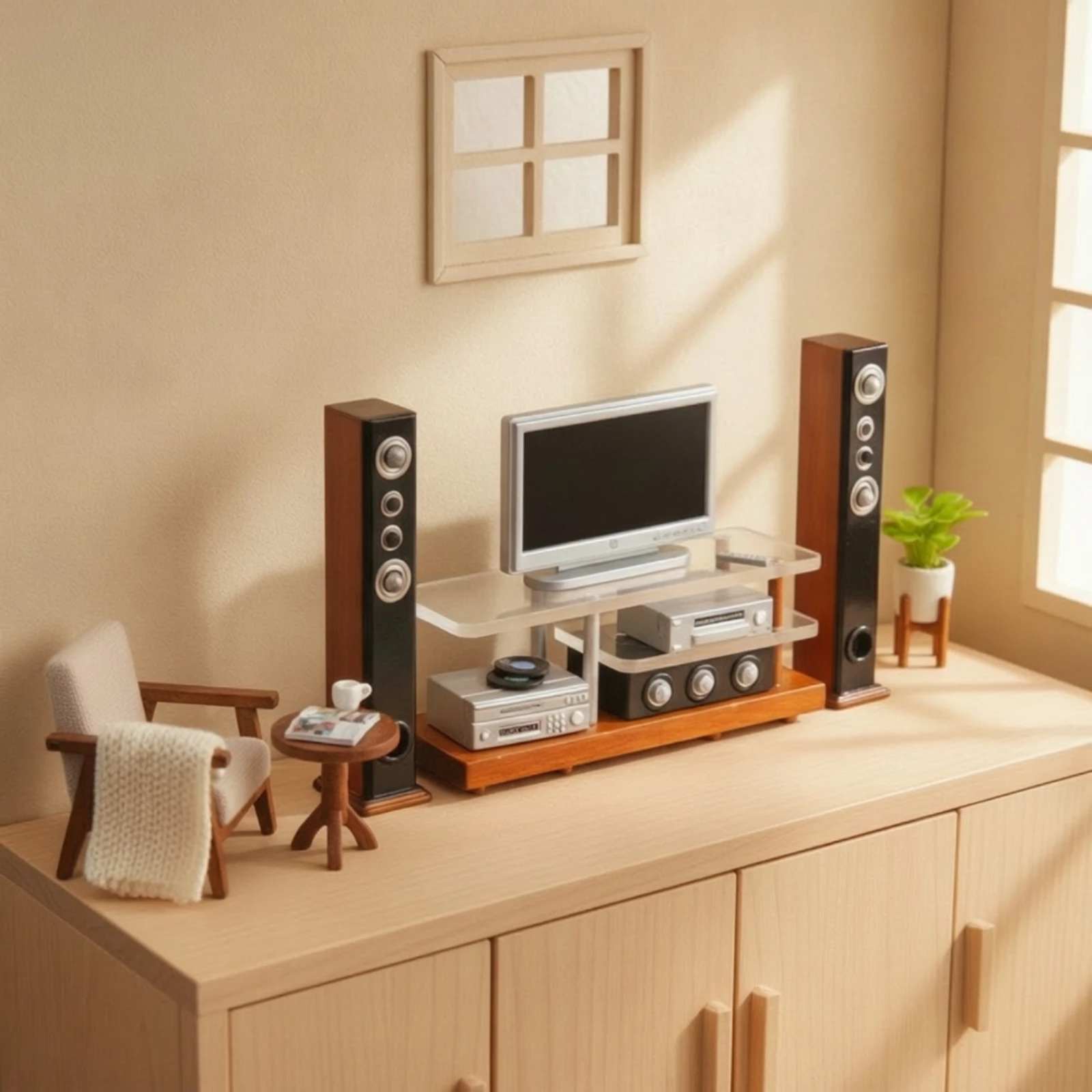 Miniature Home Theater Lifelike Dollhouse TV Stand with Speakers Dollhouse TV Compact Miniature Television Set Proportional