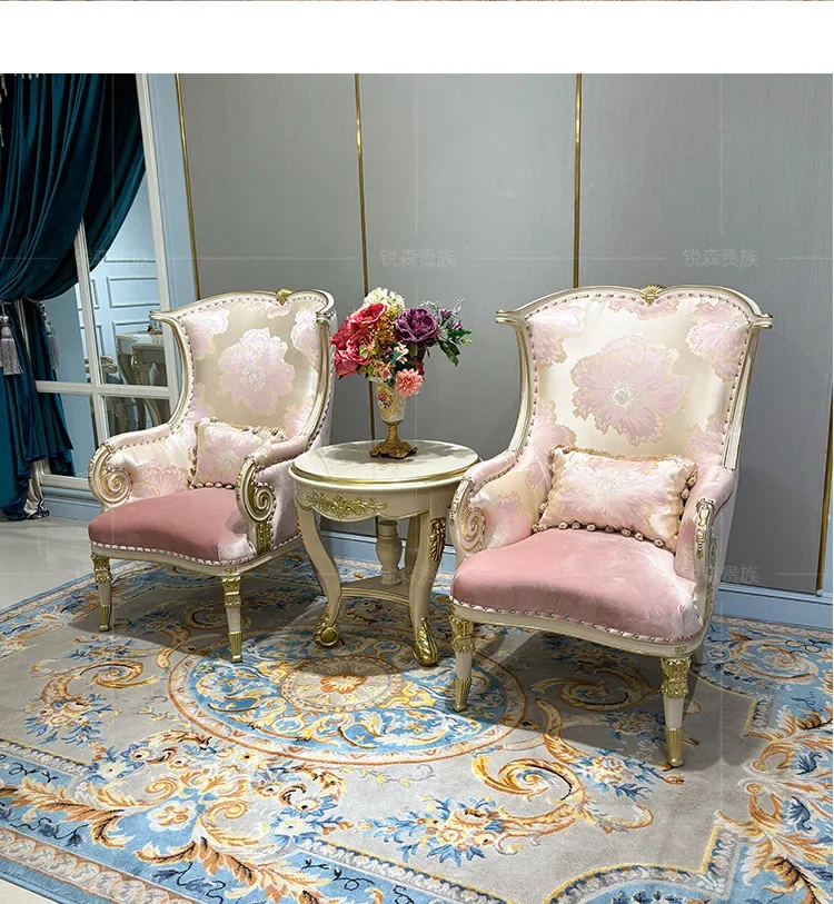 French fabric leisure chair, European neoclassical embroidery single sofa solid wood carving flower image chair