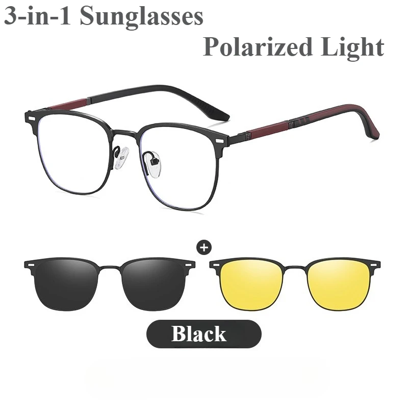 

Мужские поляризационные солнцезащитные очки 3-в-1, магнитные поляризационные линзы для очков + магнитные линзы для очков ночного видения, алюминиево-магниевая оправа