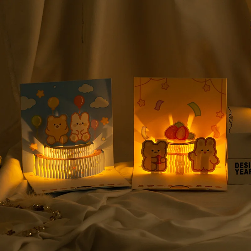 Birthday Card with Music and Lights, Korean Style Cute Bear Birthday Cake, Cartoon Creative 3D Greeting Card, Birthday Gift