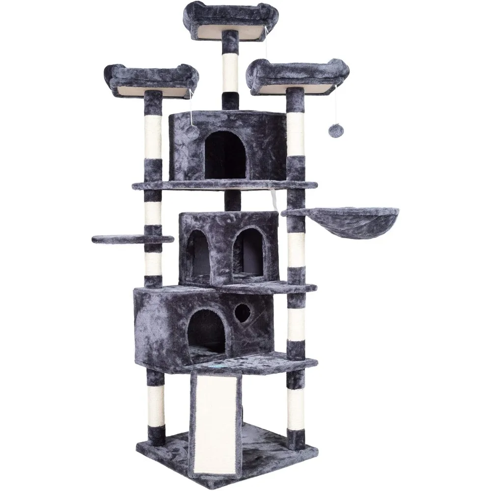 Hey-brother XL Cat Tree, 73.4 inch Cat Tower with 3 Caves, 3 Cozy Perches, Scratching Posts, Board, Activity Center Stable for K