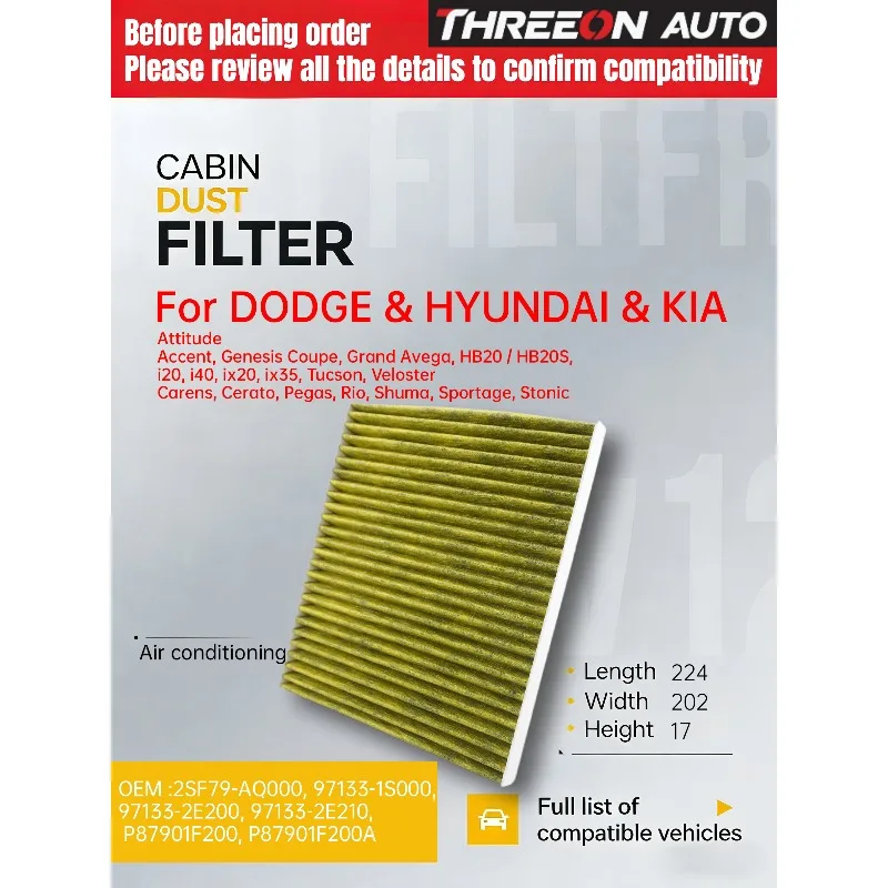 

THREEON Activated Carbon Cabin Filter For Hyundai ACCENT 4 TUCSON JM 2.0 ix35 i40 CERATO 2 RIO 2,3 SPORTAGE 3 SL CU2336 TOC5320P