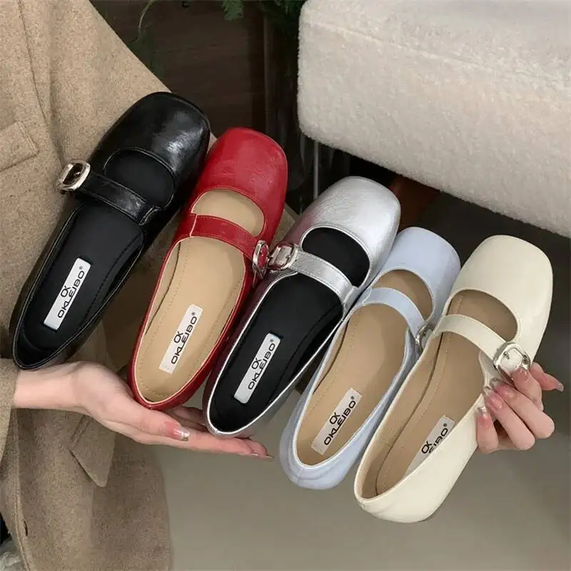 أحذية ماري جينس باللون الأسود للنساء، أحذية باليه مسطحة بإبزيم فضي من جلد البولي يوريثان، أحذية باليه Zapatos Mujer #5