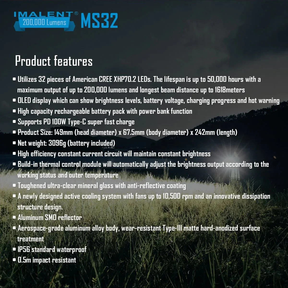 IMALENT MS32 Taschenlampe, 200.000 Lumen, superhell, leistungsstarkes Licht, leistungsstarke, tragbare, wiederaufladbare, wasserdichte Taschenlampe, 1618 m Strahl – Detail 22