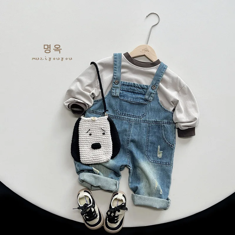 2024 Autumn Korean Style Kids' Denim Overalls Wholesale Kids' Jumpsuits  boys pants  girls pants  kids clothes