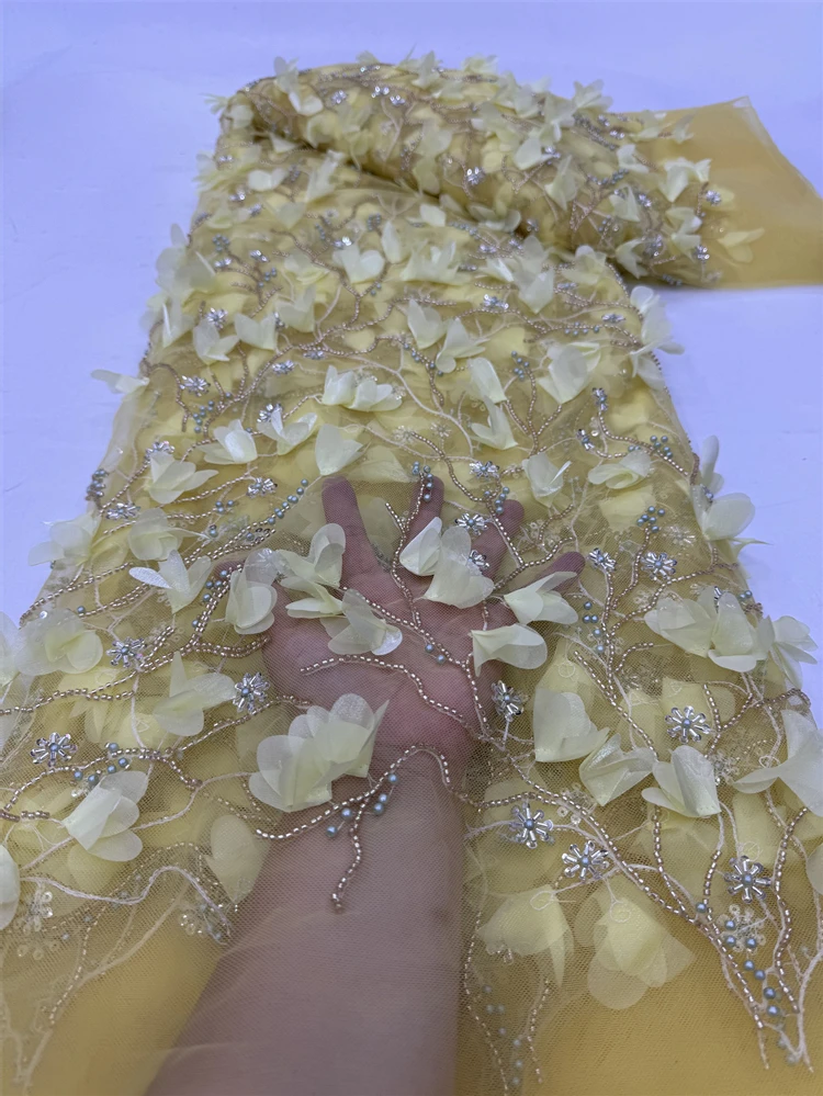 High Quality African Nigeria Tulle Lace Fabric Sequins Embroidery Wedding Party Guipure Dress Beads Stone 5Yards jy331